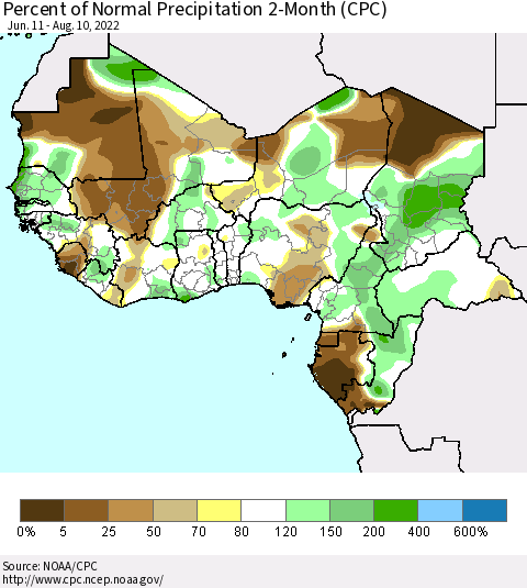 Western Africa Percent of Normal Precipitation 2-Month (CPC) Thematic Map For 6/11/2022 - 8/10/2022