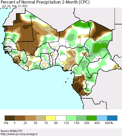 Western Africa Percent of Normal Precipitation 2-Month (CPC) Thematic Map For 6/16/2022 - 8/15/2022