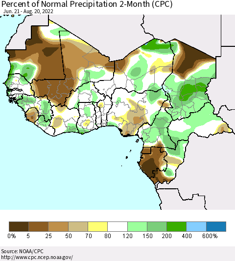 Western Africa Percent of Normal Precipitation 2-Month (CPC) Thematic Map For 6/21/2022 - 8/20/2022