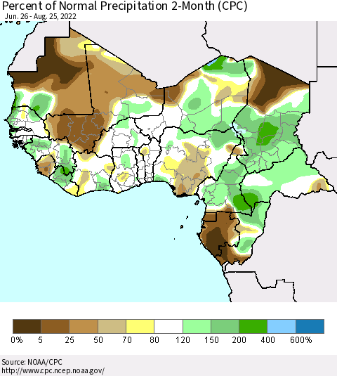Western Africa Percent of Normal Precipitation 2-Month (CPC) Thematic Map For 6/26/2022 - 8/25/2022