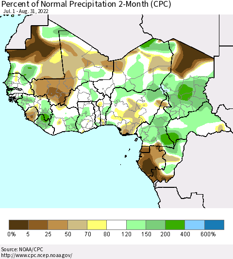 Western Africa Percent of Normal Precipitation 2-Month (CPC) Thematic Map For 7/1/2022 - 8/31/2022