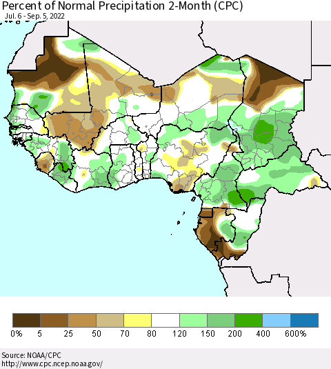 Western Africa Percent of Normal Precipitation 2-Month (CPC) Thematic Map For 7/6/2022 - 9/5/2022