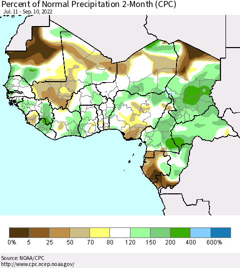 Western Africa Percent of Normal Precipitation 2-Month (CPC) Thematic Map For 7/11/2022 - 9/10/2022