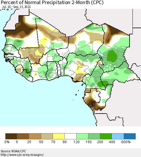 Western Africa Percent of Normal Precipitation 2-Month (CPC) Thematic Map For 7/16/2022 - 9/15/2022