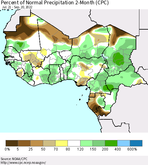 Western Africa Percent of Normal Precipitation 2-Month (CPC) Thematic Map For 7/21/2022 - 9/20/2022