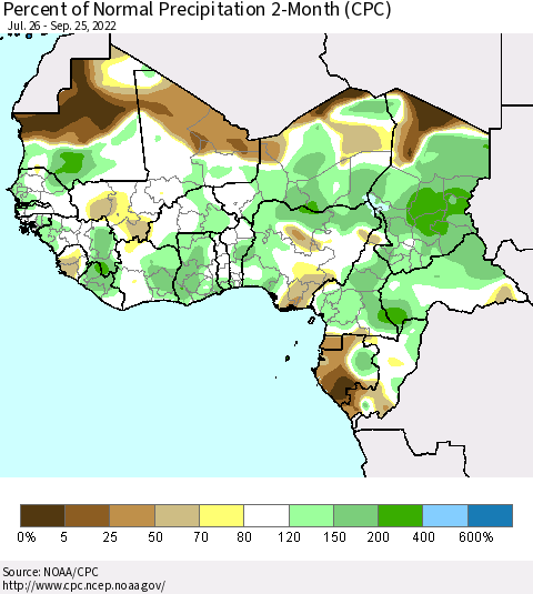 Western Africa Percent of Normal Precipitation 2-Month (CPC) Thematic Map For 7/26/2022 - 9/25/2022