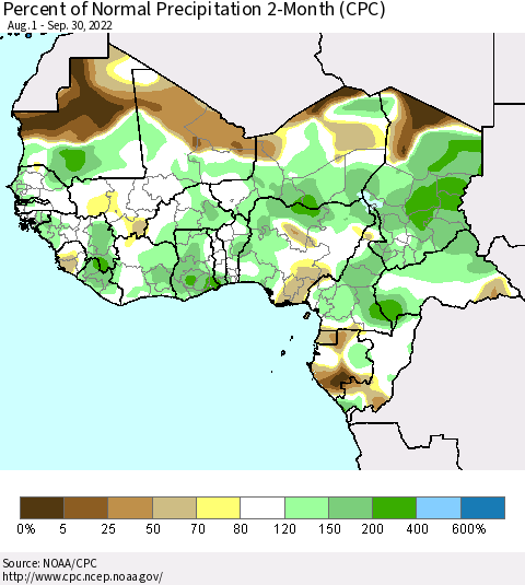 Western Africa Percent of Normal Precipitation 2-Month (CPC) Thematic Map For 8/1/2022 - 9/30/2022