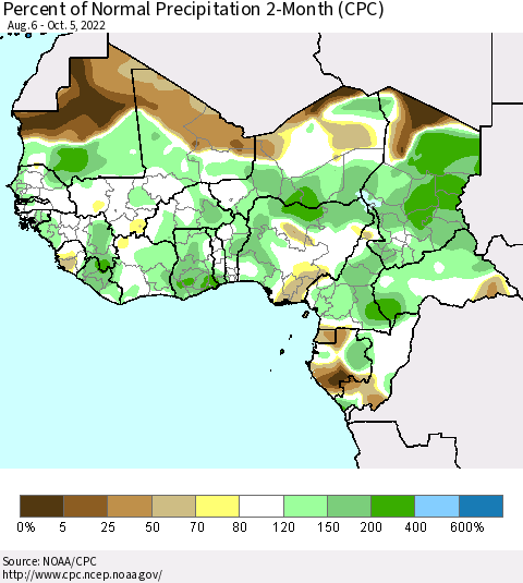 Western Africa Percent of Normal Precipitation 2-Month (CPC) Thematic Map For 8/6/2022 - 10/5/2022