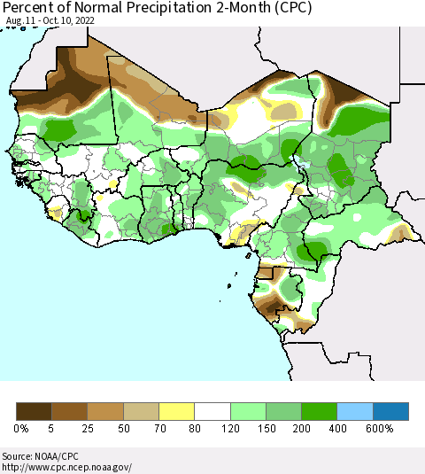 Western Africa Percent of Normal Precipitation 2-Month (CPC) Thematic Map For 8/11/2022 - 10/10/2022