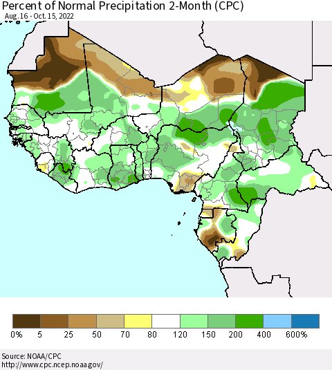 Western Africa Percent of Normal Precipitation 2-Month (CPC) Thematic Map For 8/16/2022 - 10/15/2022