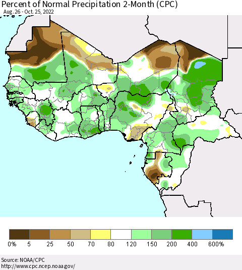 Western Africa Percent of Normal Precipitation 2-Month (CPC) Thematic Map For 8/26/2022 - 10/25/2022