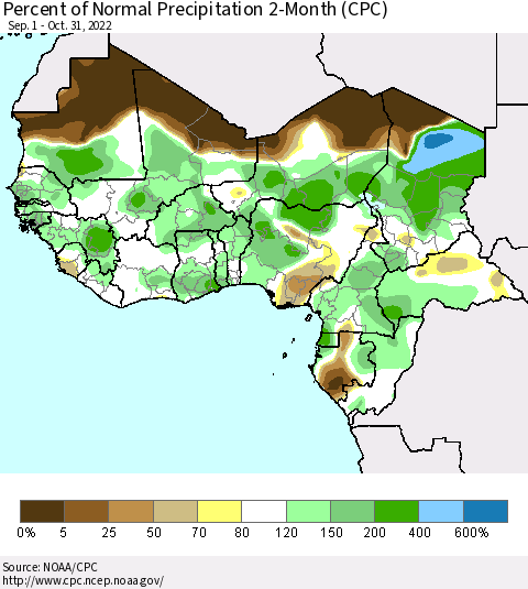 Western Africa Percent of Normal Precipitation 2-Month (CPC) Thematic Map For 9/1/2022 - 10/31/2022