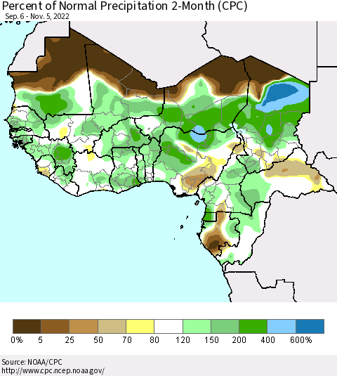 Western Africa Percent of Normal Precipitation 2-Month (CPC) Thematic Map For 9/6/2022 - 11/5/2022
