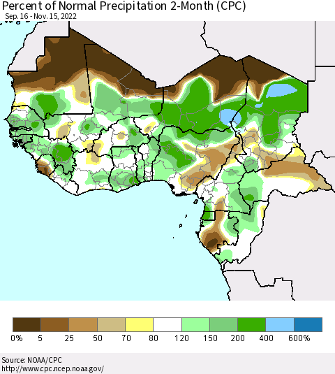 Western Africa Percent of Normal Precipitation 2-Month (CPC) Thematic Map For 9/16/2022 - 11/15/2022