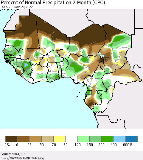 Western Africa Percent of Normal Precipitation 2-Month (CPC) Thematic Map For 9/21/2022 - 11/20/2022