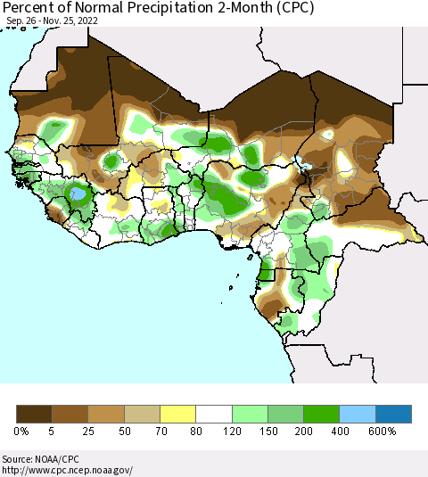 Western Africa Percent of Normal Precipitation 2-Month (CPC) Thematic Map For 9/26/2022 - 11/25/2022