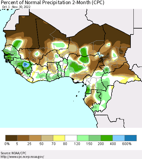 Western Africa Percent of Normal Precipitation 2-Month (CPC) Thematic Map For 10/1/2022 - 11/30/2022