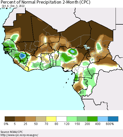 Western Africa Percent of Normal Precipitation 2-Month (CPC) Thematic Map For 10/6/2022 - 12/5/2022