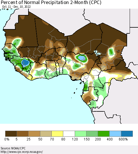 Western Africa Percent of Normal Precipitation 2-Month (CPC) Thematic Map For 10/11/2022 - 12/10/2022