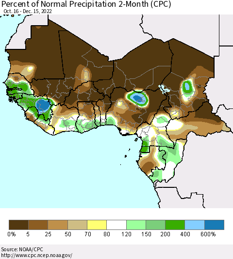 Western Africa Percent of Normal Precipitation 2-Month (CPC) Thematic Map For 10/16/2022 - 12/15/2022