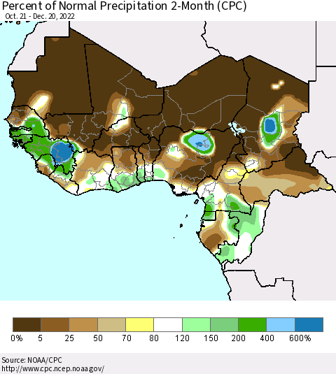 Western Africa Percent of Normal Precipitation 2-Month (CPC) Thematic Map For 10/21/2022 - 12/20/2022