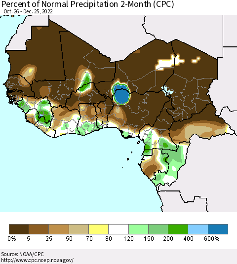 Western Africa Percent of Normal Precipitation 2-Month (CPC) Thematic Map For 10/26/2022 - 12/25/2022