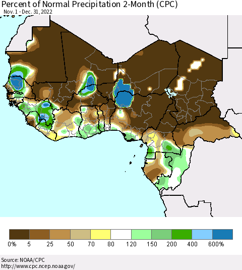Western Africa Percent of Normal Precipitation 2-Month (CPC) Thematic Map For 11/1/2022 - 12/31/2022
