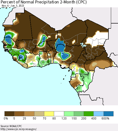 Western Africa Percent of Normal Precipitation 2-Month (CPC) Thematic Map For 11/6/2022 - 1/5/2023
