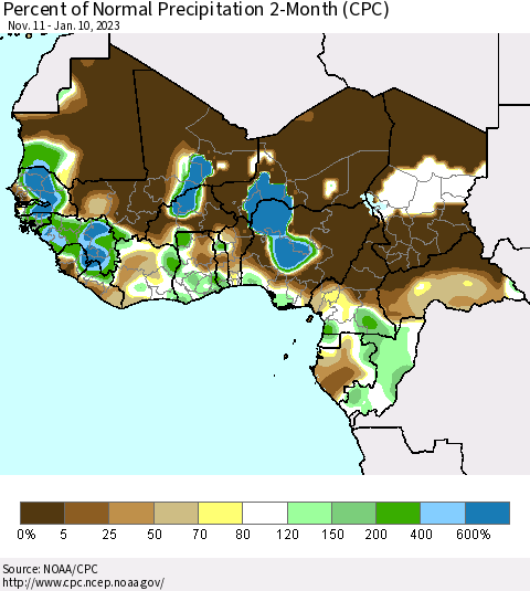 Western Africa Percent of Normal Precipitation 2-Month (CPC) Thematic Map For 11/11/2022 - 1/10/2023
