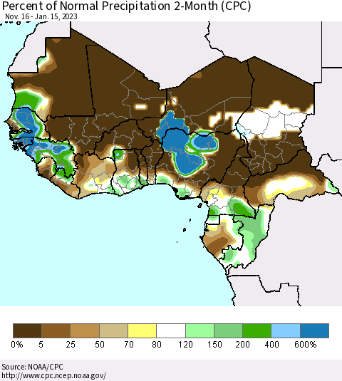 Western Africa Percent of Normal Precipitation 2-Month (CPC) Thematic Map For 11/16/2022 - 1/15/2023