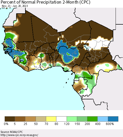 Western Africa Percent of Normal Precipitation 2-Month (CPC) Thematic Map For 11/21/2022 - 1/20/2023
