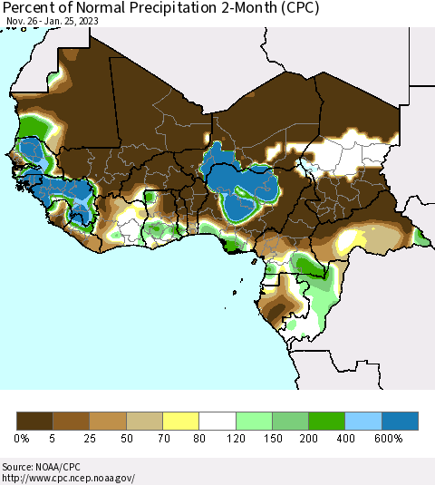 Western Africa Percent of Normal Precipitation 2-Month (CPC) Thematic Map For 11/26/2022 - 1/25/2023