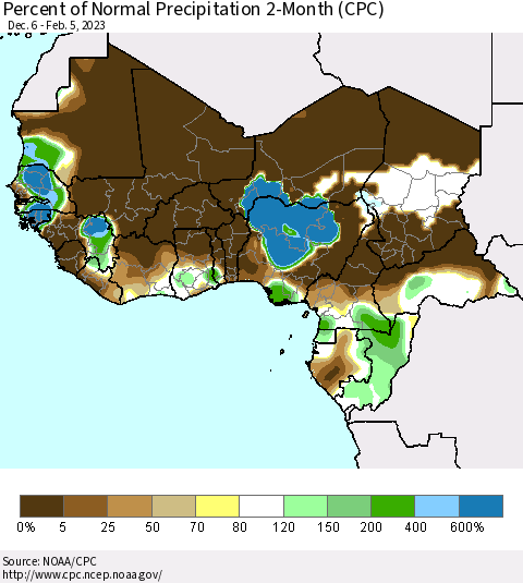 Western Africa Percent of Normal Precipitation 2-Month (CPC) Thematic Map For 12/6/2022 - 2/5/2023
