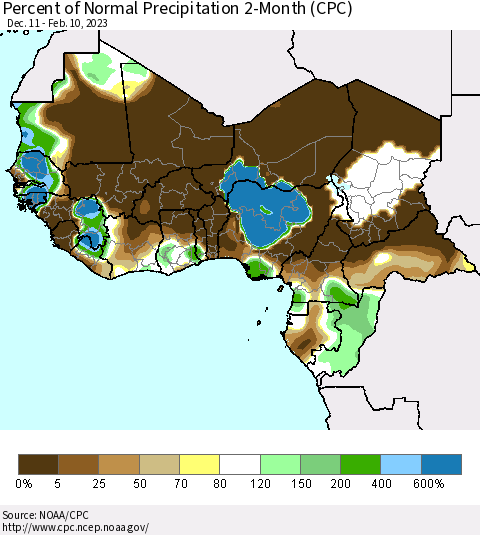 Western Africa Percent of Normal Precipitation 2-Month (CPC) Thematic Map For 12/11/2022 - 2/10/2023