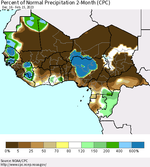 Western Africa Percent of Normal Precipitation 2-Month (CPC) Thematic Map For 12/16/2022 - 2/15/2023