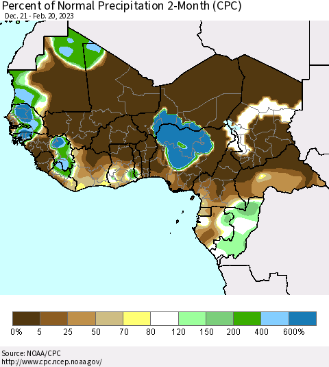 Western Africa Percent of Normal Precipitation 2-Month (CPC) Thematic Map For 12/21/2022 - 2/20/2023