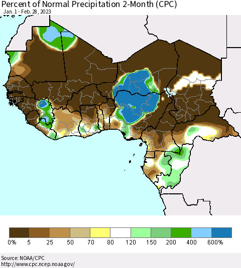 Western Africa Percent of Normal Precipitation 2-Month (CPC) Thematic Map For 1/1/2023 - 2/28/2023
