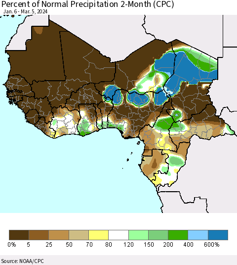 Western Africa Percent of Normal Precipitation 2-Month (CPC) Thematic Map For 1/6/2024 - 3/5/2024