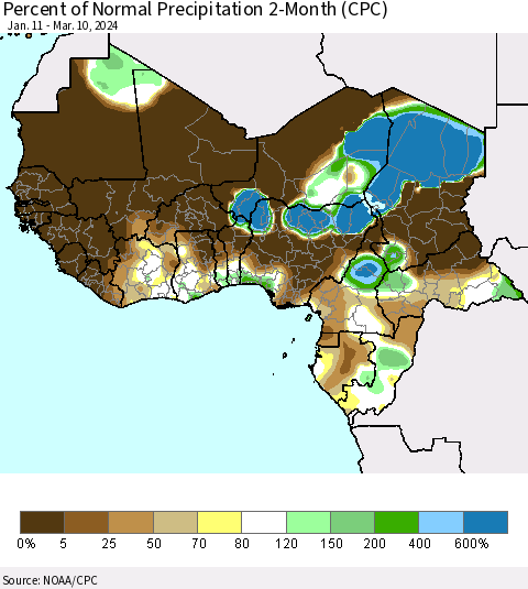 Western Africa Percent of Normal Precipitation 2-Month (CPC) Thematic Map For 1/11/2024 - 3/10/2024
