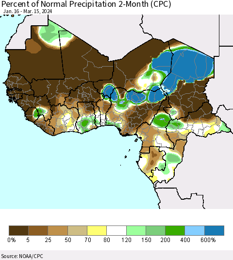 Western Africa Percent of Normal Precipitation 2-Month (CPC) Thematic Map For 1/16/2024 - 3/15/2024