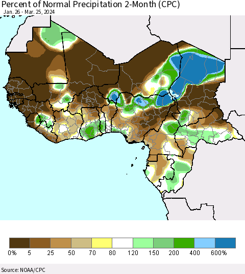 Western Africa Percent of Normal Precipitation 2-Month (CPC) Thematic Map For 1/26/2024 - 3/25/2024