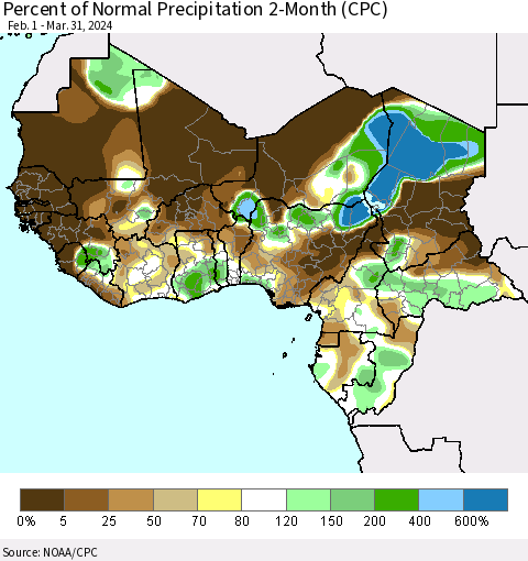 Western Africa Percent of Normal Precipitation 2-Month (CPC) Thematic Map For 2/1/2024 - 3/31/2024