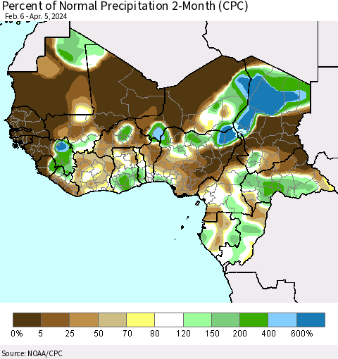Western Africa Percent of Normal Precipitation 2-Month (CPC) Thematic Map For 2/6/2024 - 4/5/2024