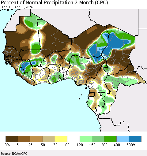 Western Africa Percent of Normal Precipitation 2-Month (CPC) Thematic Map For 2/11/2024 - 4/10/2024