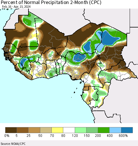 Western Africa Percent of Normal Precipitation 2-Month (CPC) Thematic Map For 2/16/2024 - 4/15/2024