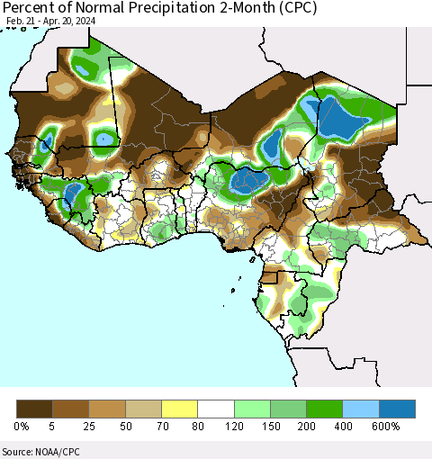 Western Africa Percent of Normal Precipitation 2-Month (CPC) Thematic Map For 2/21/2024 - 4/20/2024