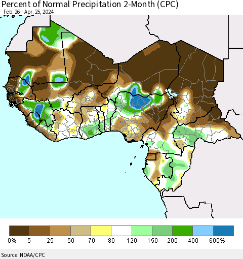 Western Africa Percent of Normal Precipitation 2-Month (CPC) Thematic Map For 2/26/2024 - 4/25/2024