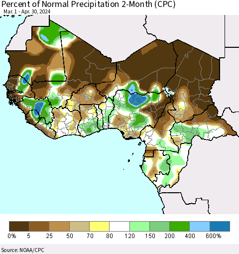 Western Africa Percent of Normal Precipitation 2-Month (CPC) Thematic Map For 3/1/2024 - 4/30/2024