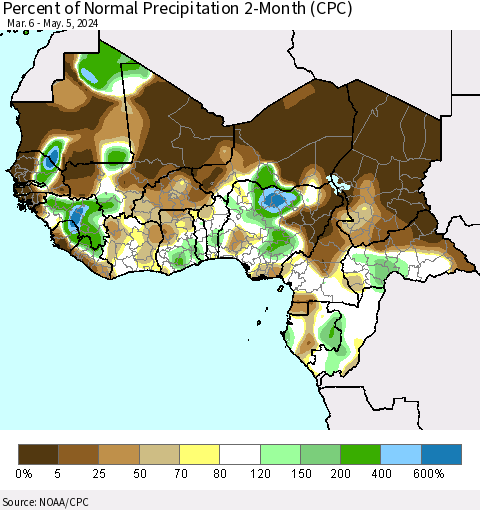 Western Africa Percent of Normal Precipitation 2-Month (CPC) Thematic Map For 3/6/2024 - 5/5/2024
