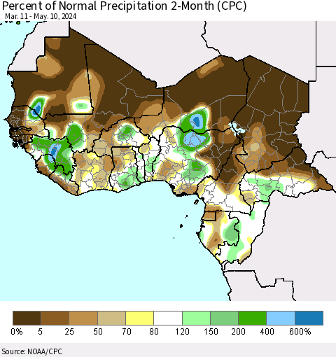 Western Africa Percent of Normal Precipitation 2-Month (CPC) Thematic Map For 3/11/2024 - 5/10/2024
